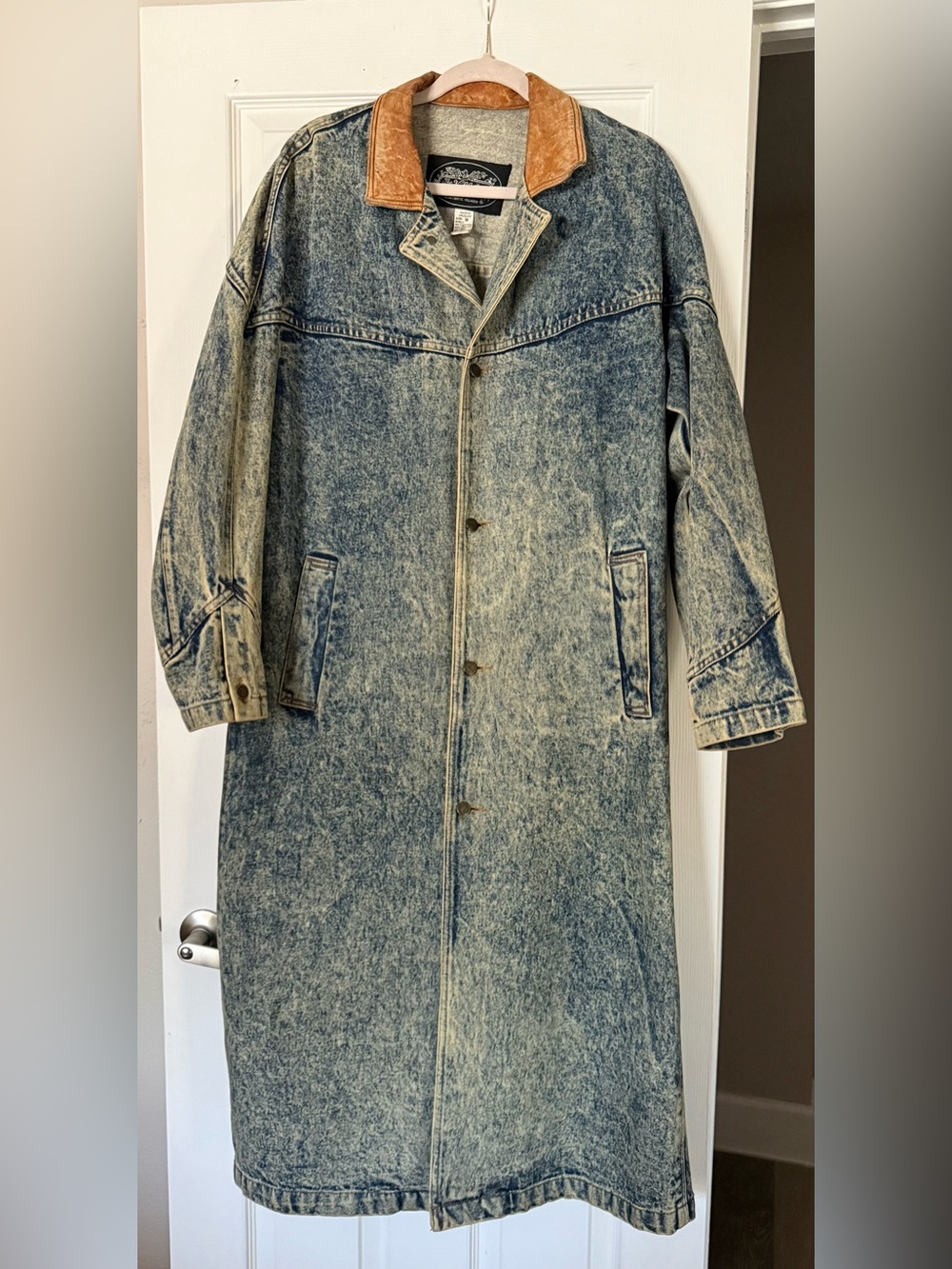 Vintage 80s The Villager Denim Duster Trench Coat Leather Collar Acid Wash